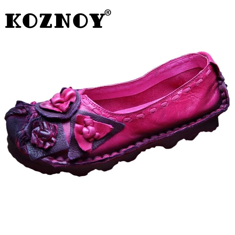 Koznoy 2cm Native Flats Shoes Women Mixed Color Soft Soled Loafer Ethnic Moccasins Natural Cow Genuine Leather Big Size Comfy