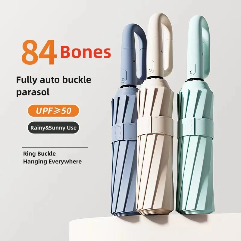 

84 ribs three fold Fully auto 2-3 person strengthen parasol windproof universal buckle hook hands free large anti-uv umbrellas