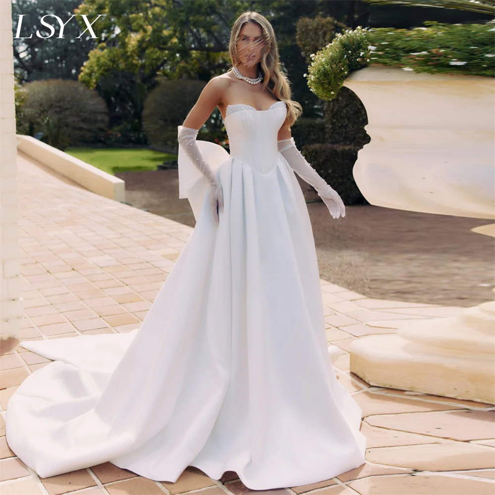 

LSYX Beaded V Neck Crepe Big Bow Elegant A Line Wedding Dresses Illusion Back Floor Length Court Train Bridal Gown Custom Made