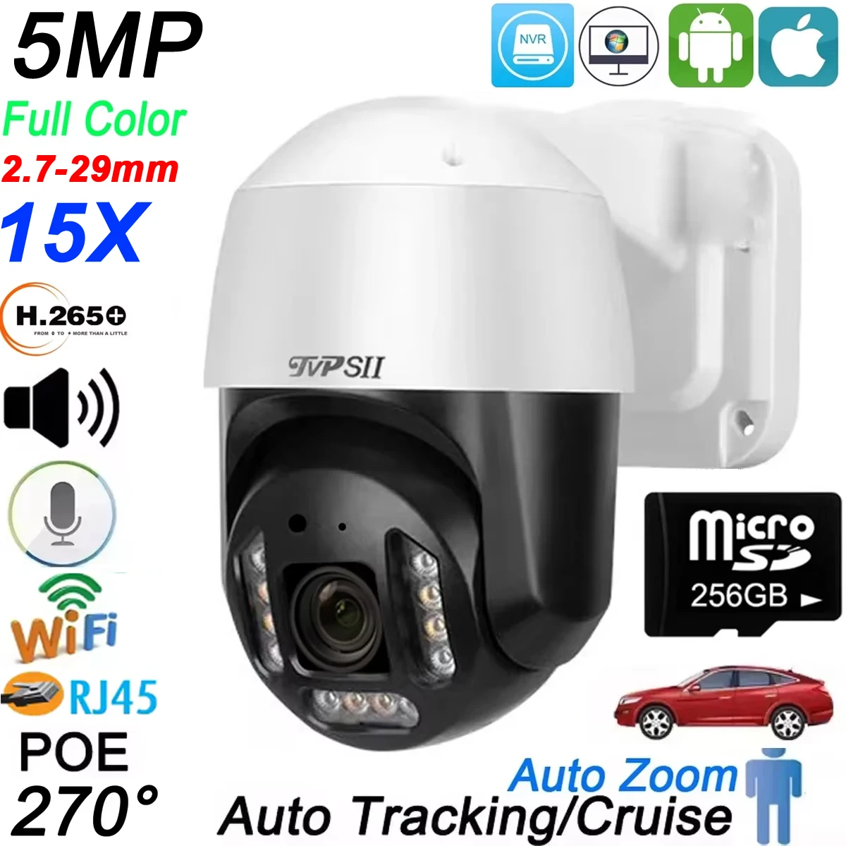 Max.512GB Auto Tracking Cruise H.265+ 5MP Full Color Wide-angle Lens 15X Zoom Audio Rotate  WIFI POE Rj45 PTZ IP Security Camera