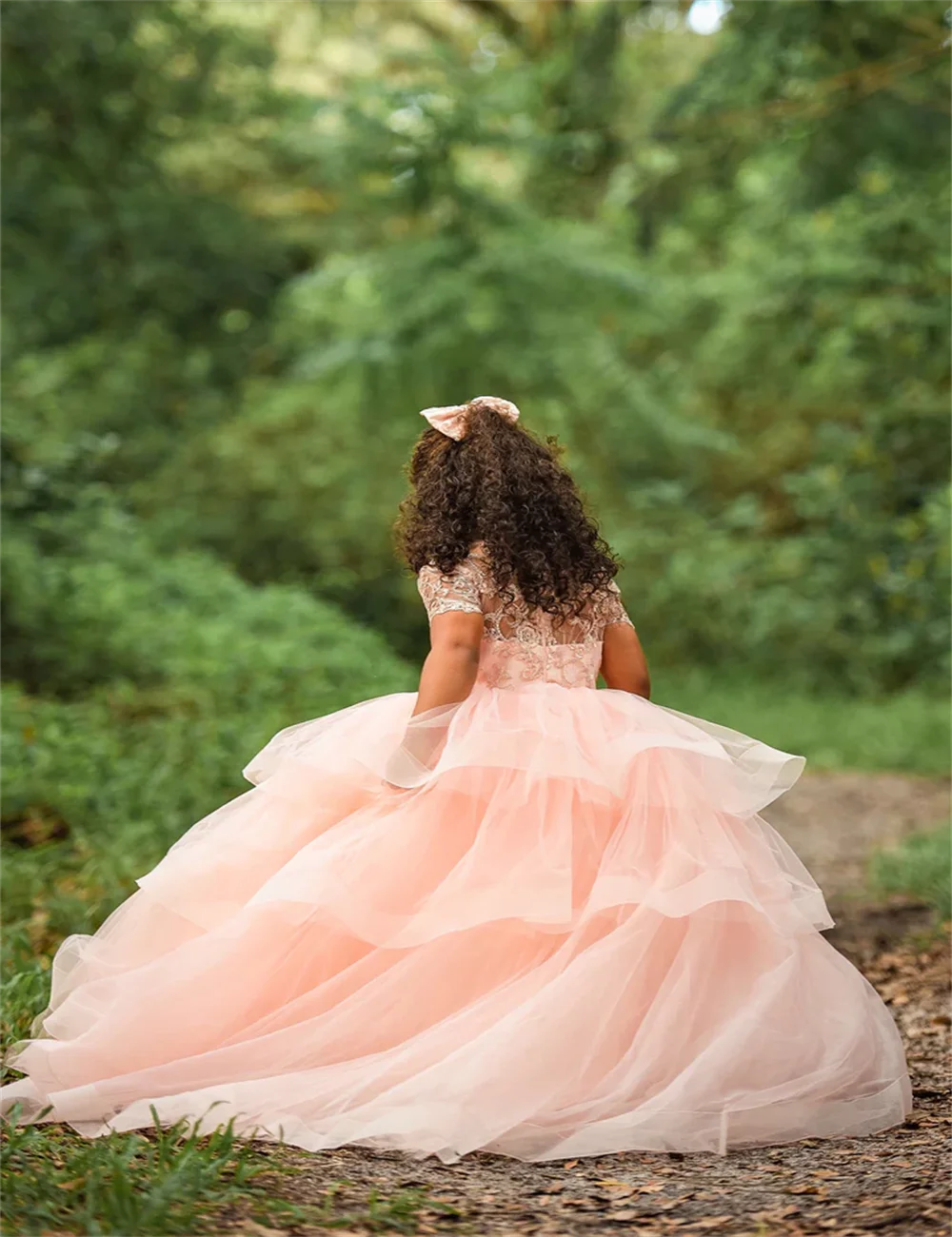 Vestidos de niña de flores con rubor rosa, vestido de baile con volantes escalonados para boda, Apliques de encaje, vestido de fiesta de cumpleaños para niños, desfile para niños