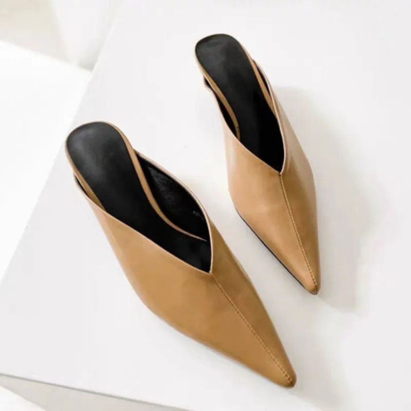 Pointed Leather Short Heel Muller Slippers 5cm Thin Heel White Sandals 35-43 Casual Women\'s Feet Sandals V-shaped Skirt Slippers