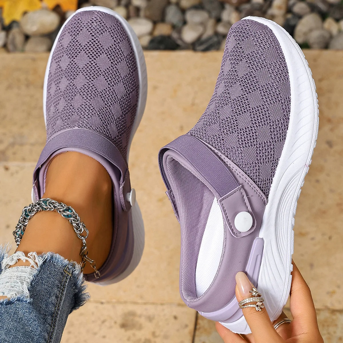 Verstellbare Schnallen-Rückenriemen Keilabsatz-Pantoletten für Damen, Atmungsaktives Strickmesh, Rutschfeste Weiche Sohle, Tägliche Geh- und Freizeitschuhe – Detail 7