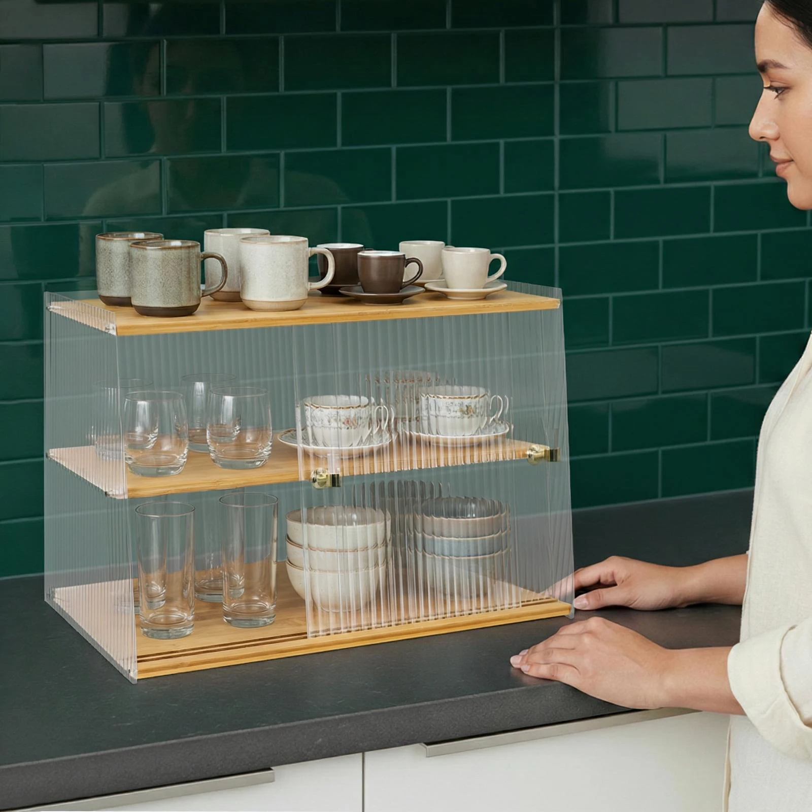 Wood Color Semi-Clear Pantry Cabinet, Dust-Proof Storage Rack for Cups, Sideboard With Slide Doors, Food Cabinet for Kitchen, Living Room