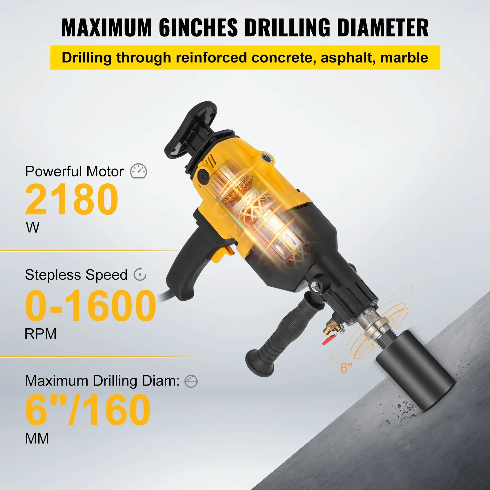 160MM Diamond Core Drilling Machine 2180W Diamond Percussion Core Drill Wet & Dry Handheld Diamond Core Drill  Concrete Drilling