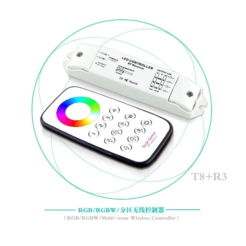T8+R3M Multi‑Zone 3CH RGB LED Light Controller, 433MHz Remote Dimmer DC12V‑24V Adjustable LED Strip Lighting