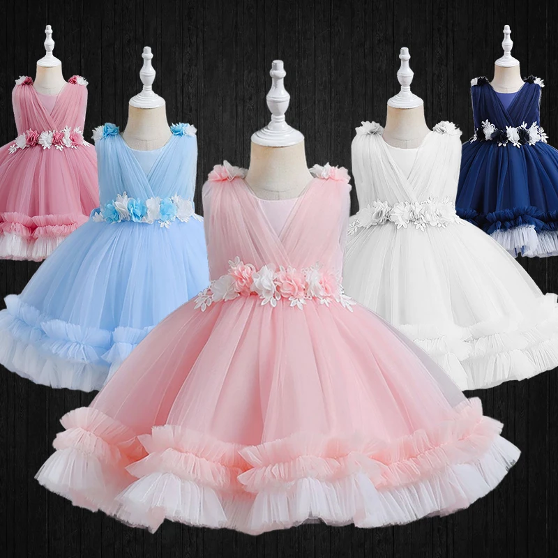 Elegant Christening Flower Princess Baby Girl Clothes Toddler One Year Old Birthday Party Baby Dresses Infant Cake Dress Gown