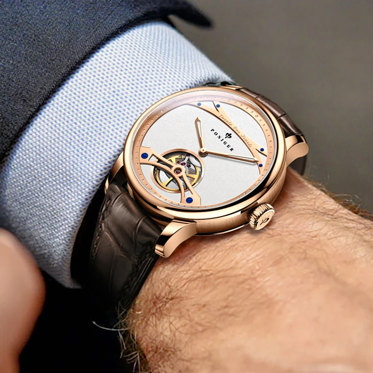 PONIGER Men Automatic Watch 41.5mm Luxury Mechanical Wristwatch Sapphire Luminous 5ATM Waterproof Skeleton Dial