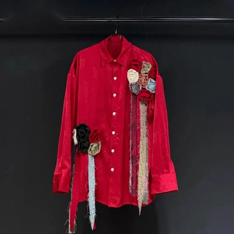 Niche Trend Men's Shirt 2025 Autumn New Three-dimensional Flowers Patchwork Ribbon Design Casual Long Sleeve Shirts CDFR5