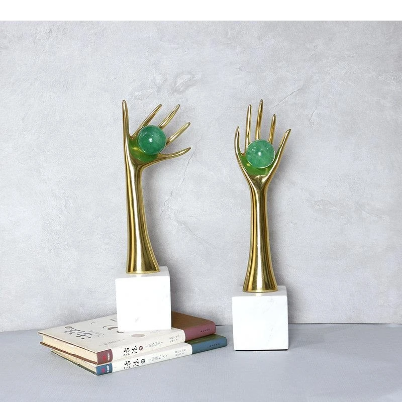 Green Fluorite Decorative Copper Hand Sculpture Crafts Ornaments Living Room Decoration Golden Furnishings Modern Home Decor