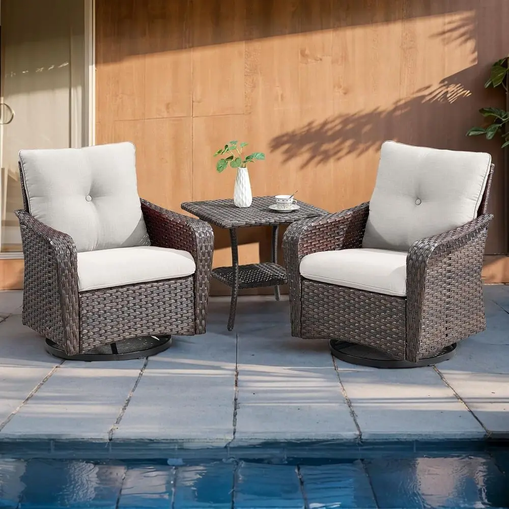 

3-Piece Wicker Patio Swivel Rocker Set with Table, Deep Seating and Side Table for Outdoor Backyard Garden (Brown/Beige)