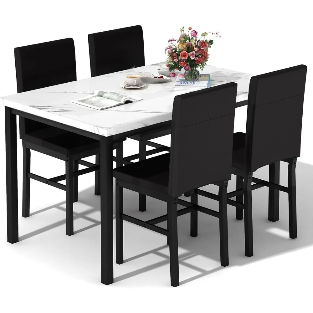 

Kitchen 4 person table and chair set, artificial marble 4 person dining table set, space saving 5 dining chairs set,