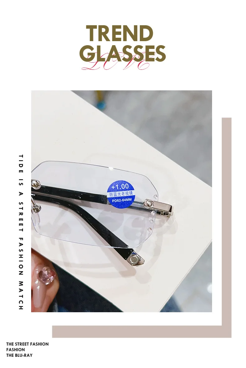 Modische rahmenlose Lesebrille mit Schnittkante, photochrome Anti-Blaulicht-Brille, modische Brille für Herren und Damen – Detail 3