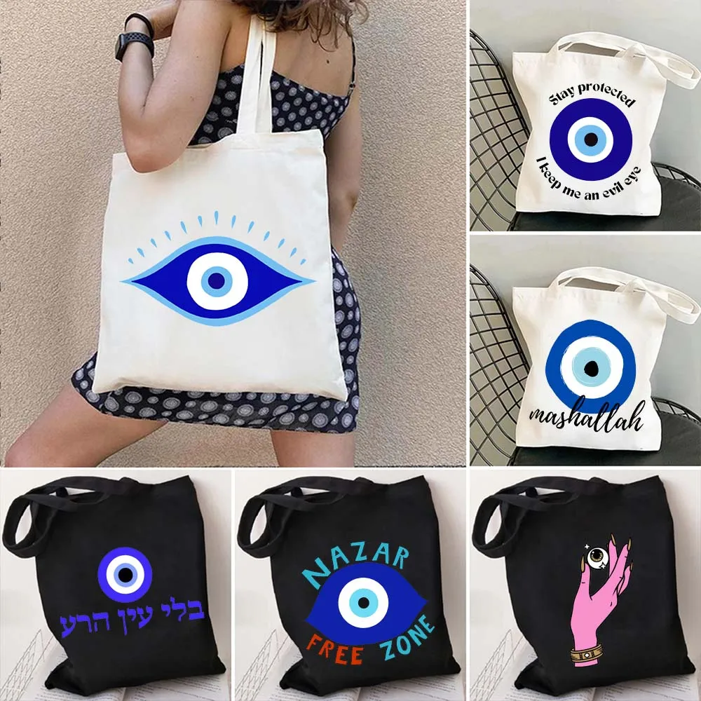 

Psychedelic Evil Eye Blue Greek Rainbow Mandala Shopper Canvas Tote Bag Turkish Mashallah Shopping Bags Women Girl Hamsa Handbag