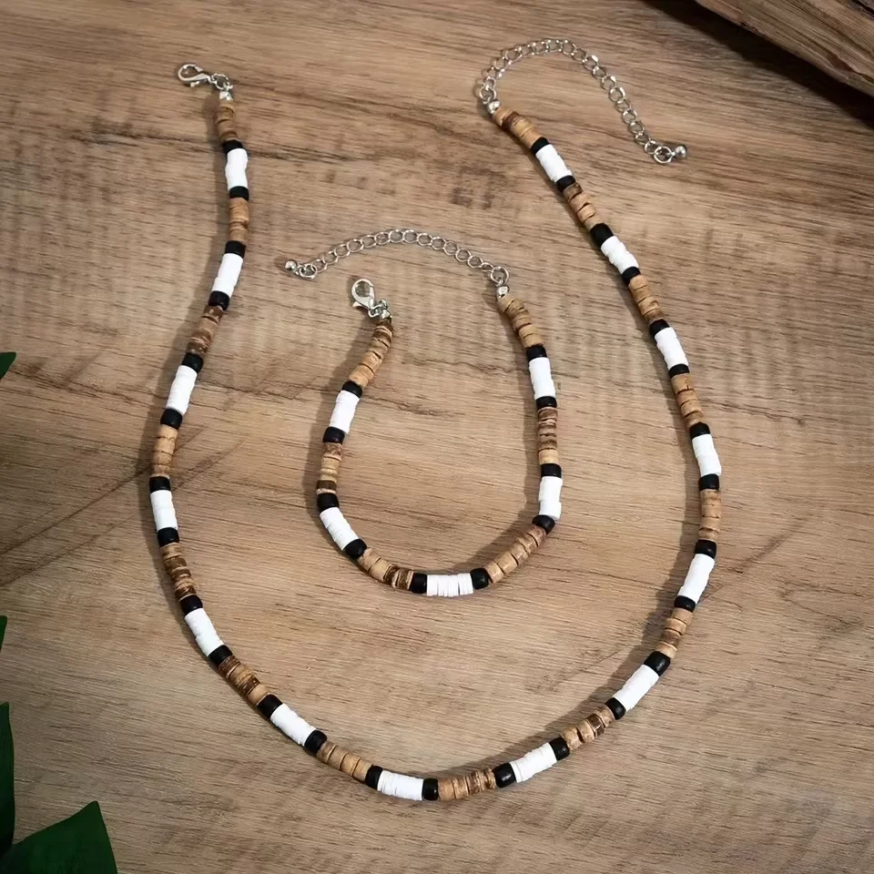 2 PCS Vintage Surfer Beaded Bracelet Necklace Set For Men Boho Layered Necklace For Casual & Beach Wear - view 4