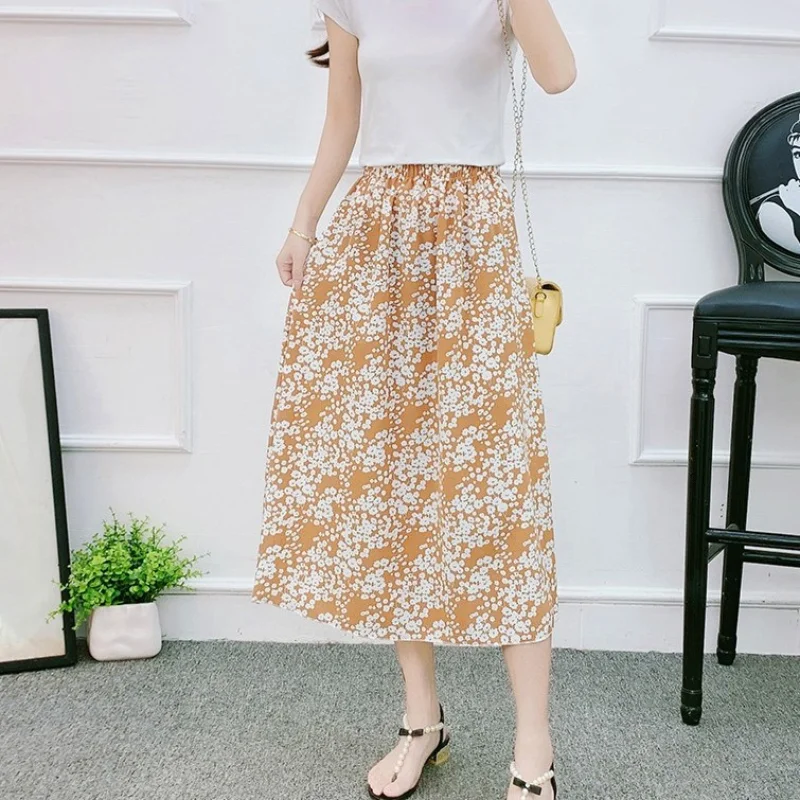 New Chiffon Half-length Dress for Women's Mid Length Summer Classic Show Versatile A-line High End Fragmented Flower Skirt