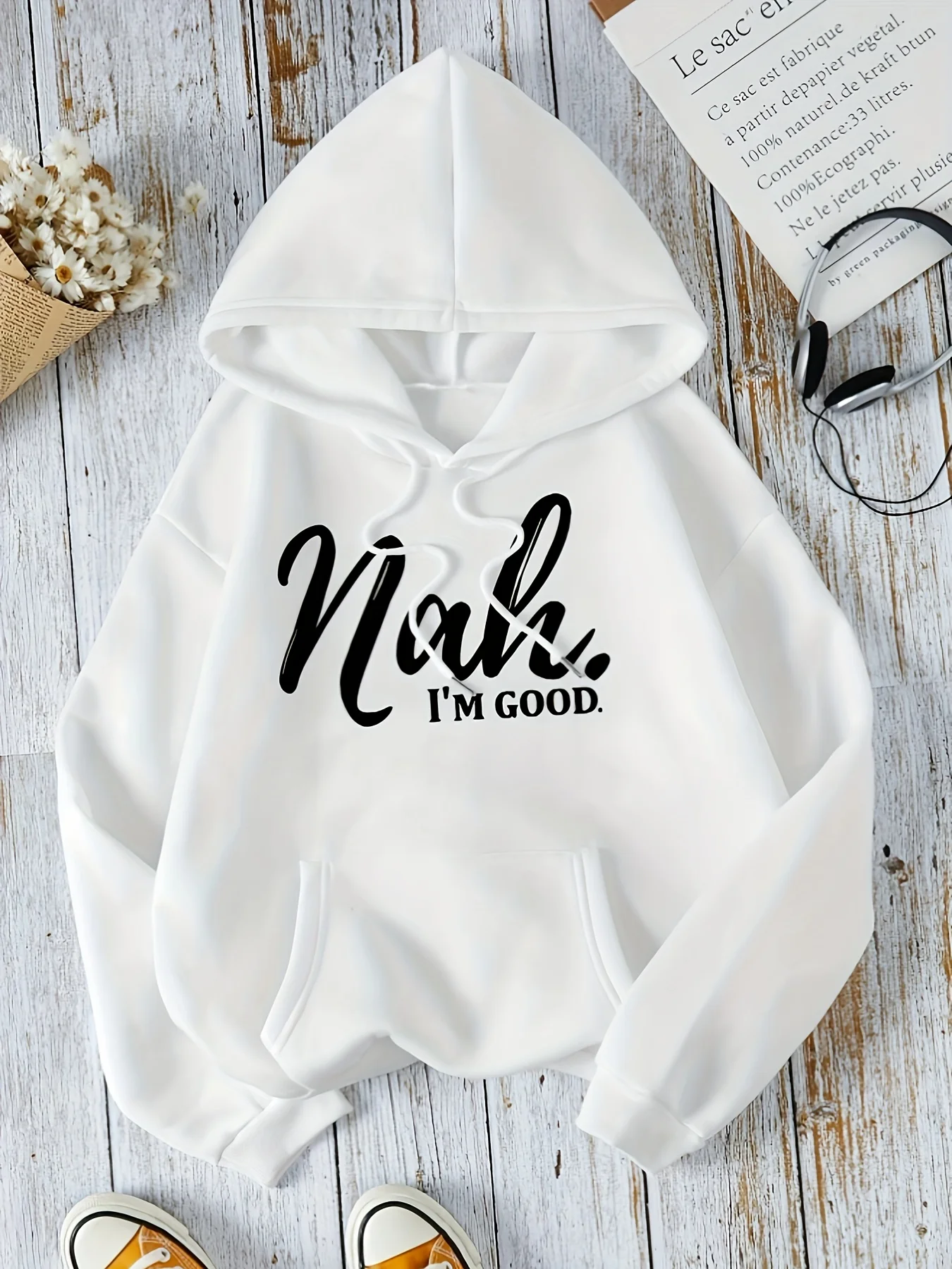 

Nah I'm Good Letter Print Hooded Sweatshirt Active Sweatshirts Women Casual Pullover with Pocket Long Sleeve Fit Stylish Design