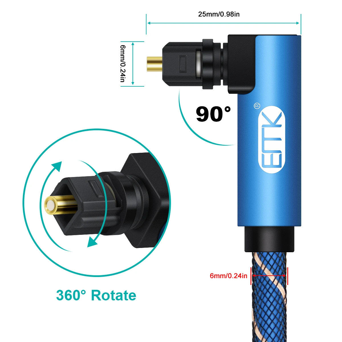 EMK Dual 90 stopni optyczny przewód Audio kąt prosty cyfrowy optyczny kabel Toslink pleciona kurtka do telewizora, głośnika, Soundbar