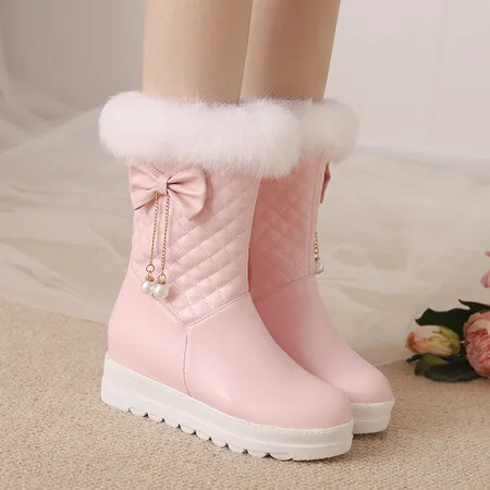 Fashion Women Snow Boots 2024 New Faux Fur Winter Boots Height Lncreasing Platform Thick Plush Warm Zip Winter Shoes White Pink