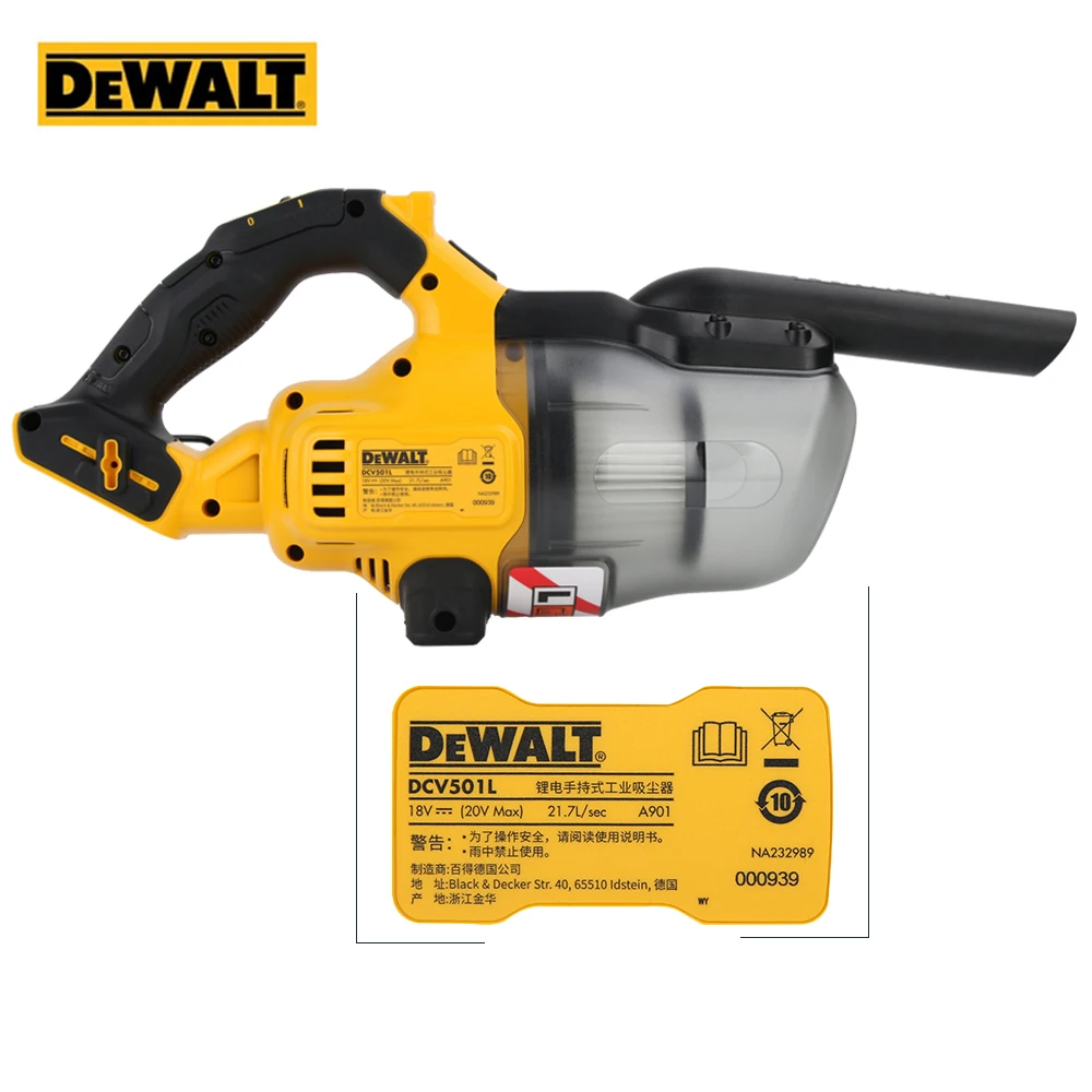 Imagem -02 - Dewalt-aspirador de Mão sem Fio Limpador Industrial Limpador Recarregável para Carro Casa Limpeza de Jardim 20v Dcv501ln 9.4kpa