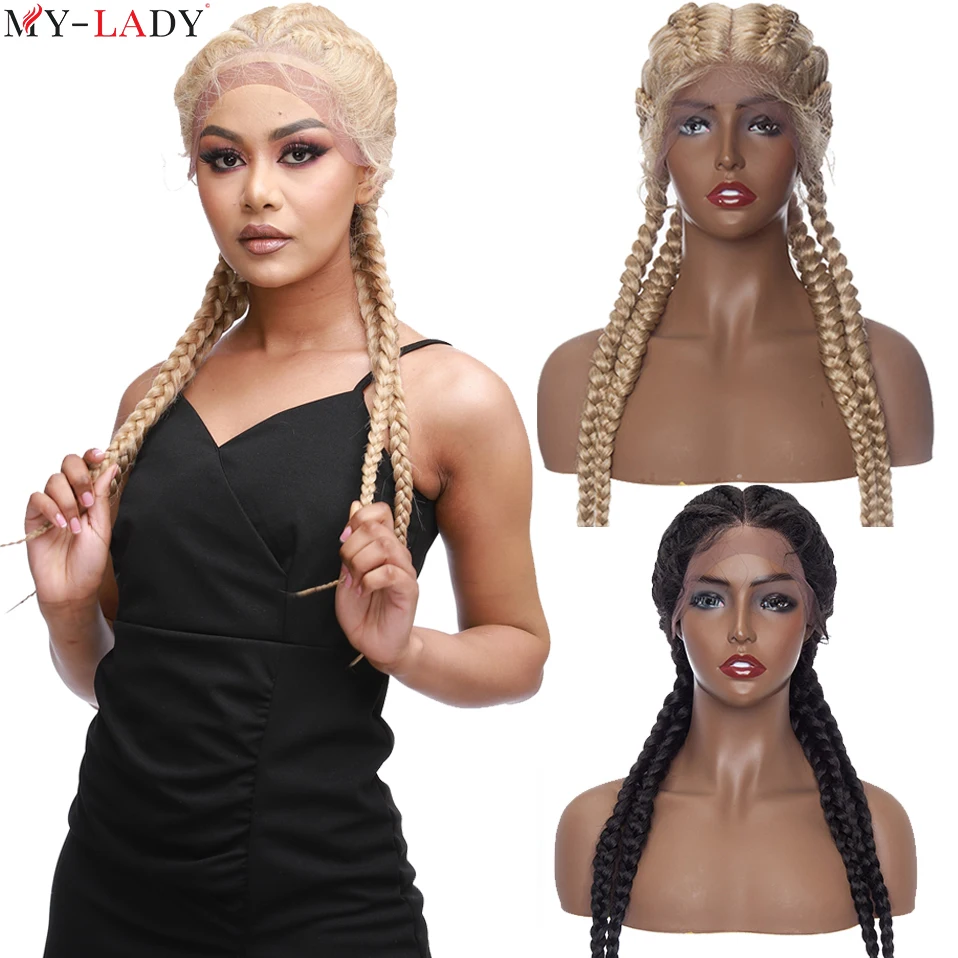 My-Lady Synthetic Dutch Braids Wig With Baby Hair Cornrow Braided Lace Front Wigs For Black Women Long Glueless Brazilian Wig