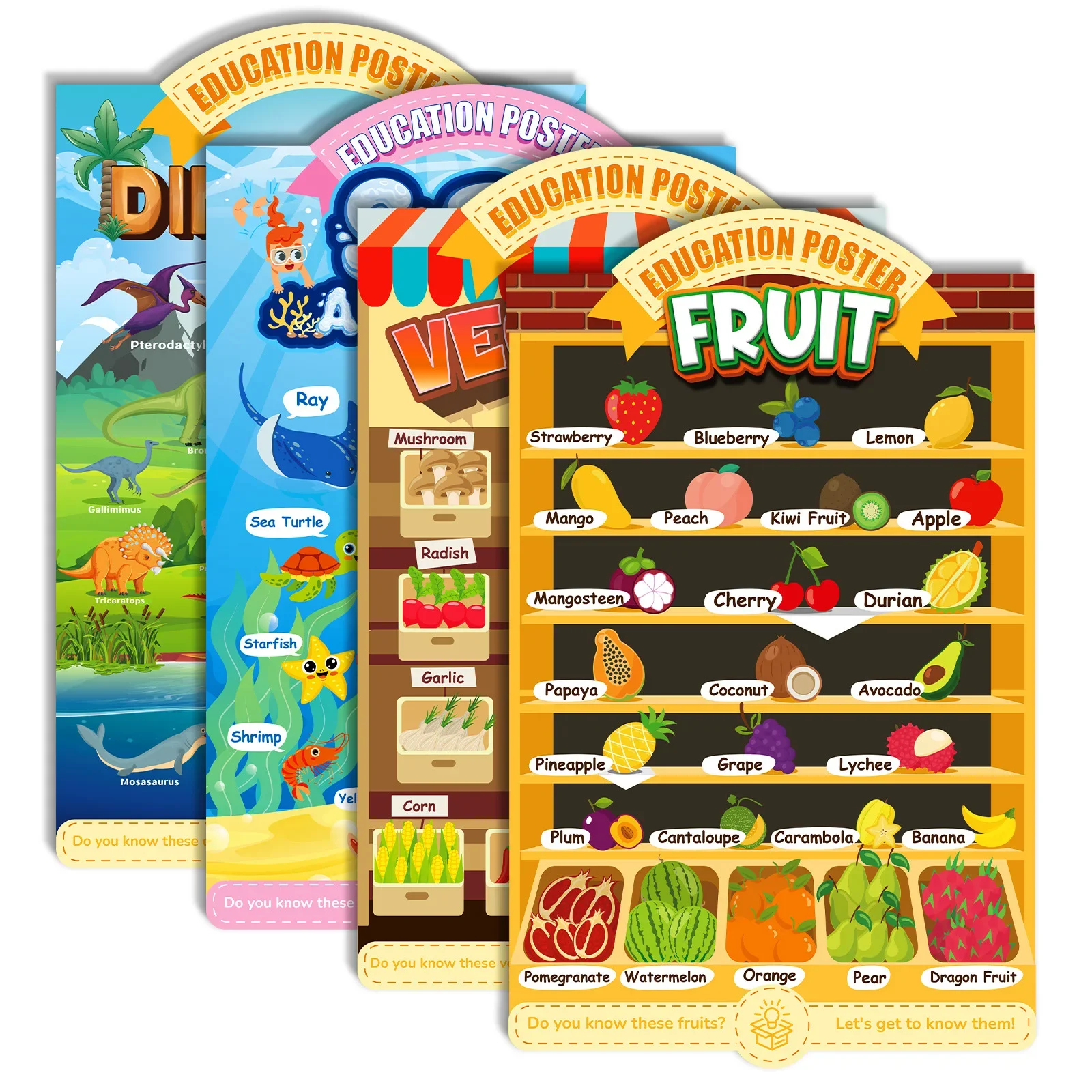 4 pieces/set of children's early education cartoon posters featuring marine life, dinosaurs, fruits, and vegetables education