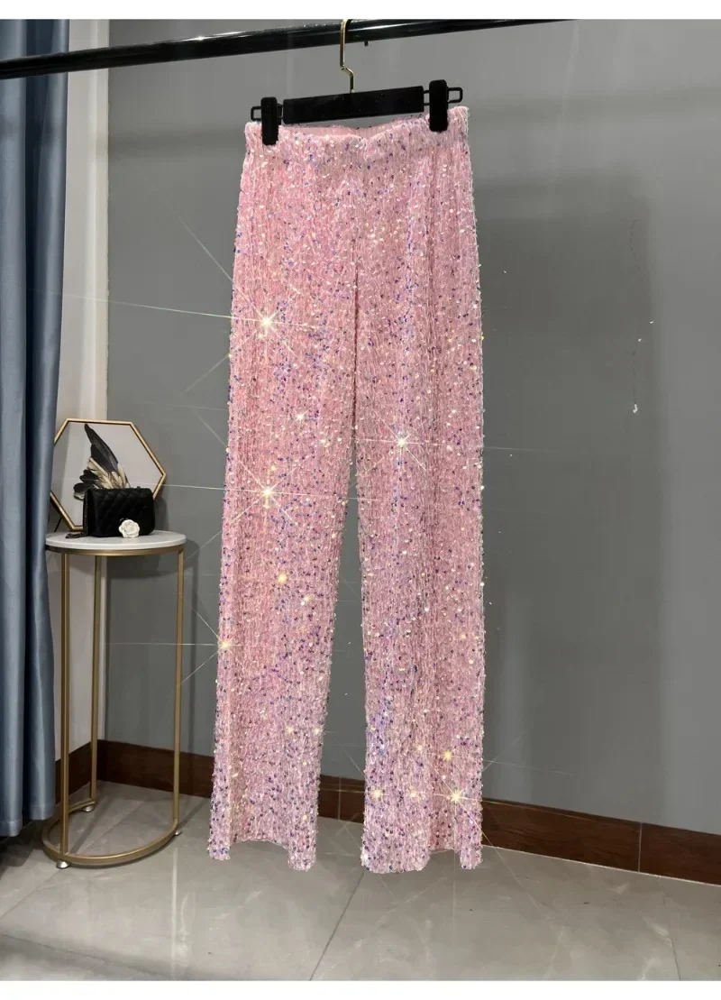 Korean Fashion Pants Women Elastic Waist Sequins Wide Leg Y2k Trousers Shiny Loose Slim Full Length High Street Casual Straight