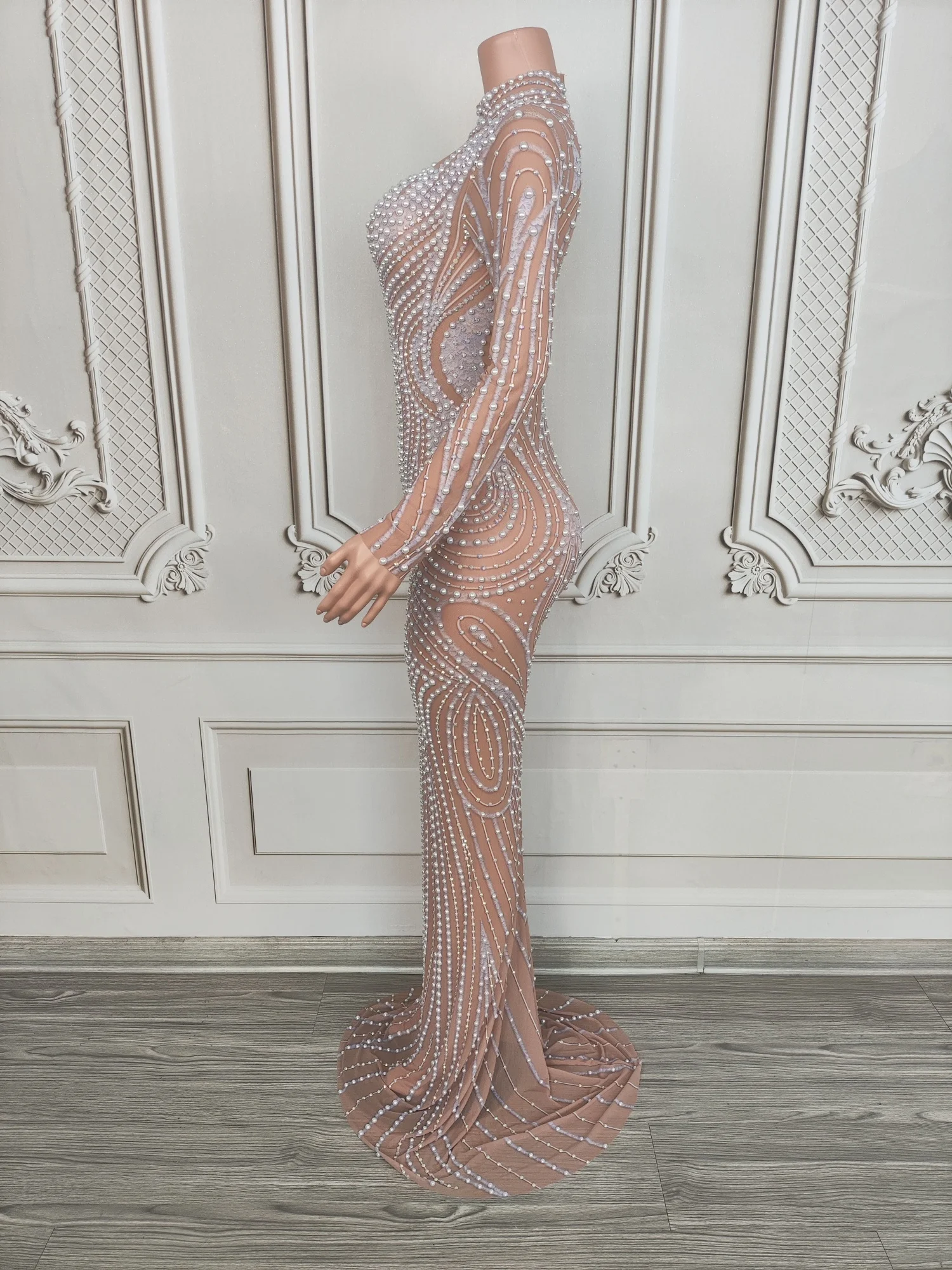 Paomochangqun Womens Luxury Pearl Rhinestone Sheer Mesh Maxi Dress High Neck Long Sleeve Bodycon Formal Evening Party Prom Gown
