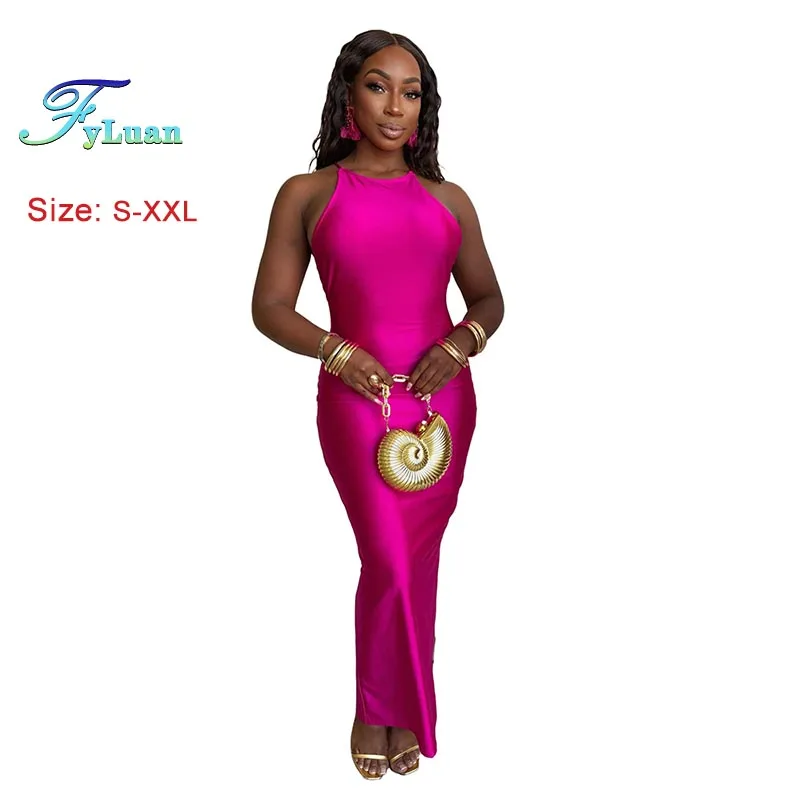 Sukienka damska długa, modna, z dekoltem, jednolita, seksowna, bez rękawów, z odkrytymi plecami, obcisła, na kolację, nowość 2025