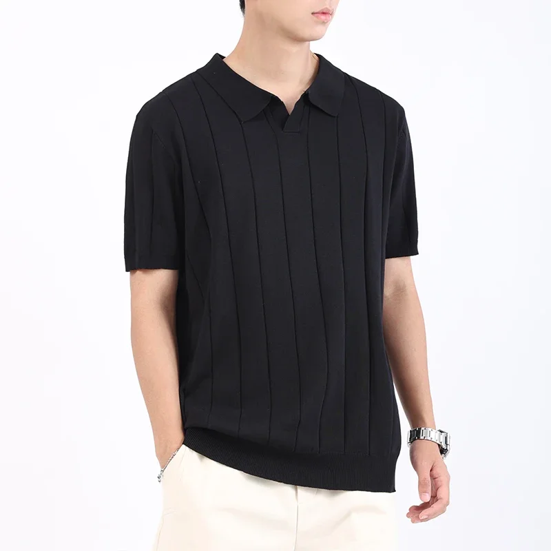 

Men Polo Shirt 2025 Summer Casual Loose Ice Silk Short Sleeve Tshirt Men Fashion Slim Fit Stripe Clothes for Man