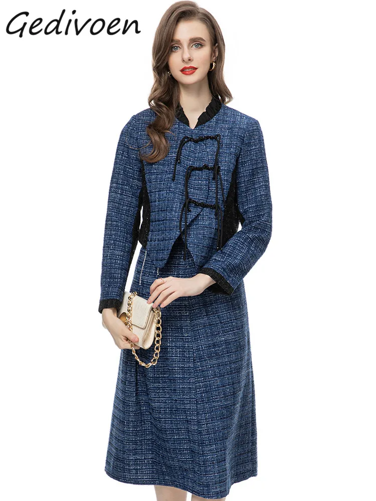 

Gedivoen Winter Fashion Designer Dark Blue Vintage Skirt Set Women's Beading Button Slim Short Coats+Diamond Skirt 2 Pieces Set