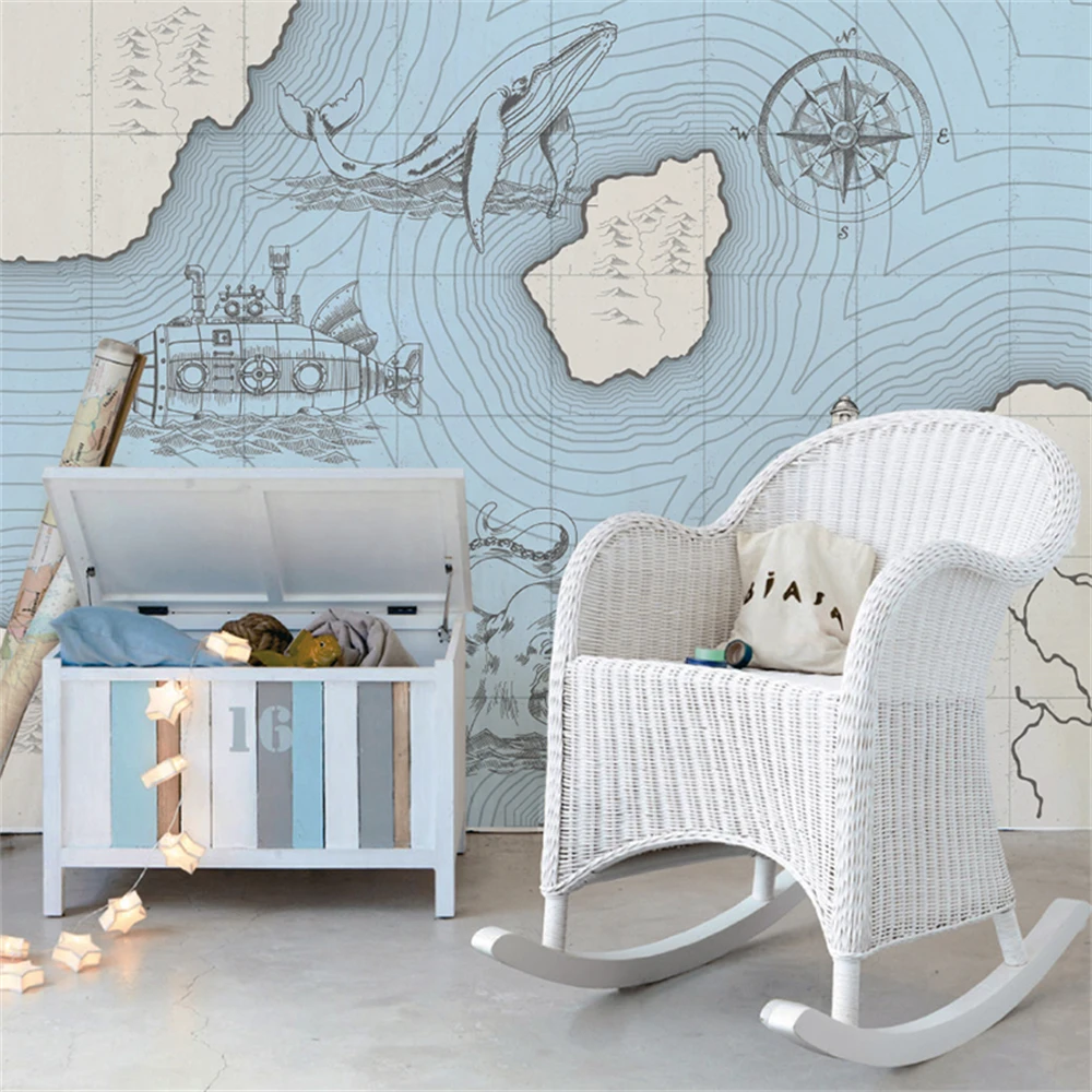 

custom minimalist nautical map wallpaper children's room bedroom cartoon childlike mural bedside background baby 3D wall paper