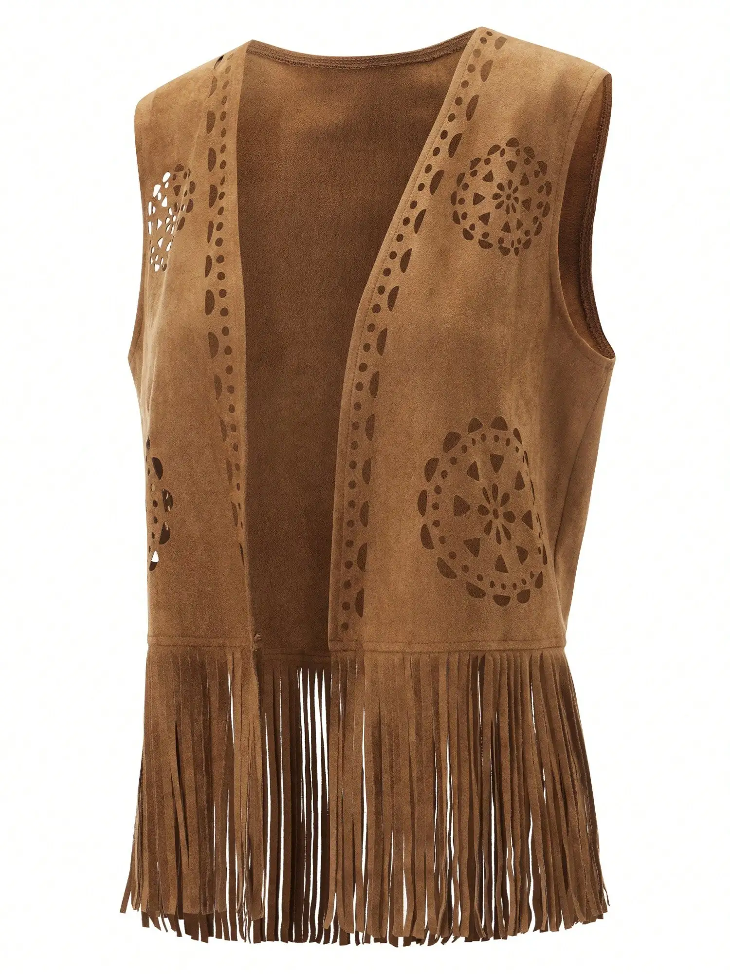 

Женский жилет без рукавов в западном стиле из искусственной замши с вырезами и бахромой для летних образов в стиле бохо