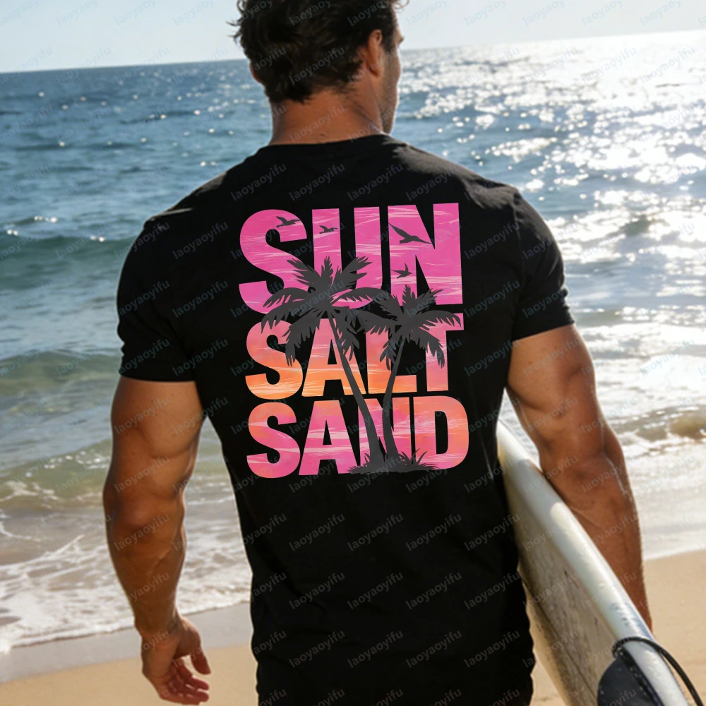 Sun Salt Sand T-Shirt Women Sunset Palm Tree Graphic Tees Casual Short Sleeve Cotton Tops Summer Beach Vacation Surf Shirts