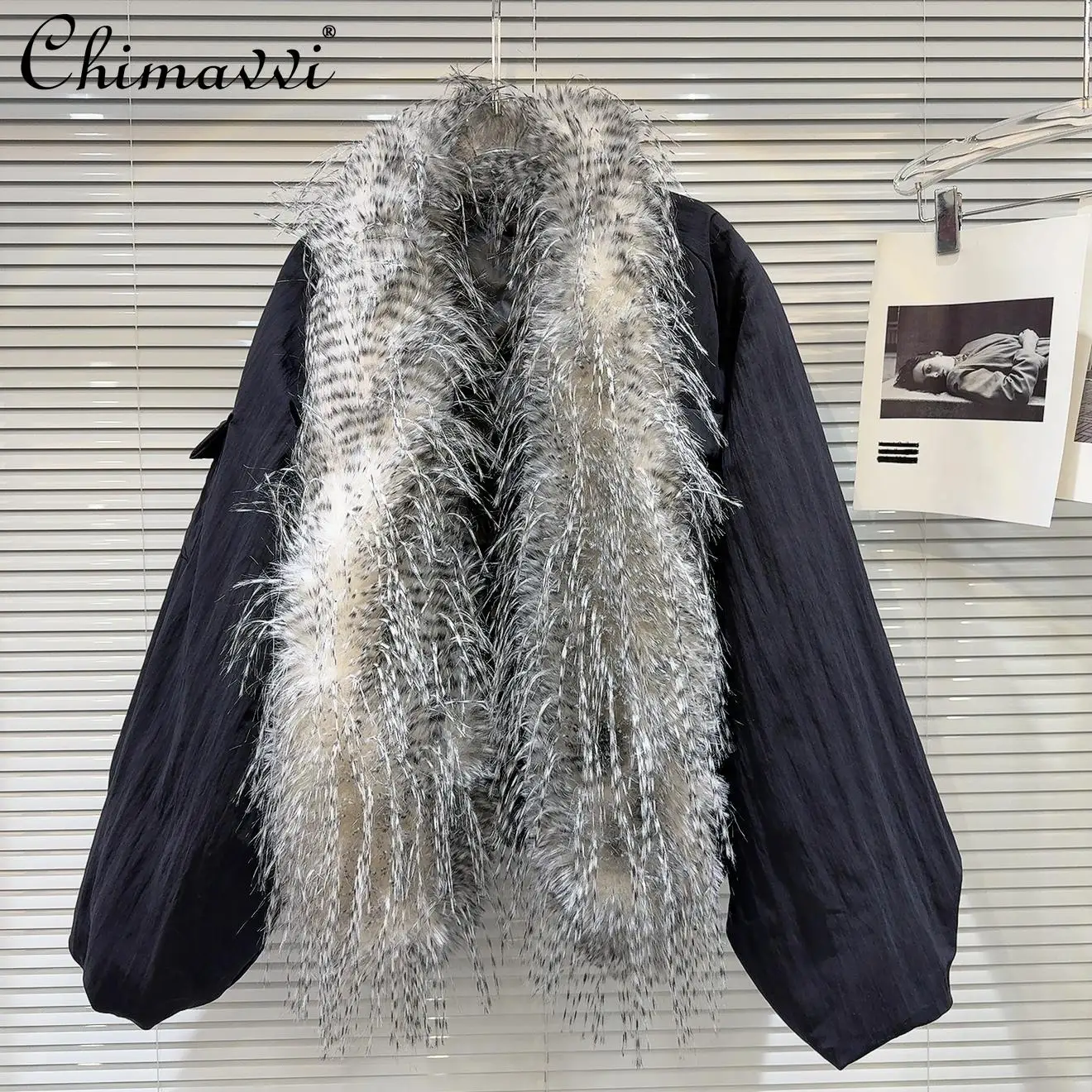 2024 Winter New Fashion Gradient Fur Collar Spice Girls Warm Down Jacket Loose Long Sleeve High Street Casual Women Jackets Coat