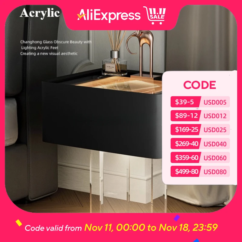 

Acrylic Luxury Bedsides Table Nordic Glass French Led Storage Nightstands Cabinet Modern Design Mesitas De Noche Furnitures