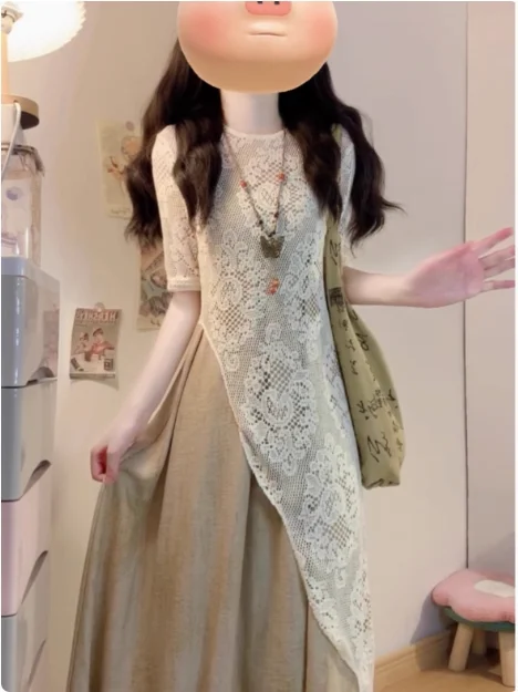 

plus Size Women's Lace Cover up Summer Dress Set Irregular Hem Mid-Length Single Piece Slimming Sensation Sleeveless round Neck