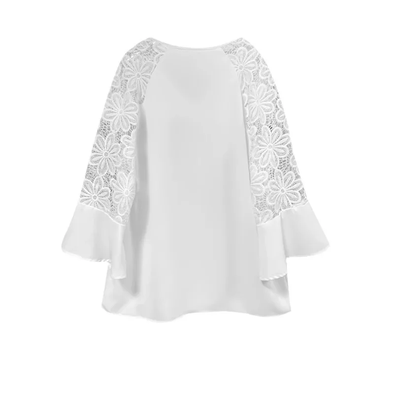 T-shirt femme blanc manches sept-quarts dentelle couture sangle col rond couleur unie chemise femme