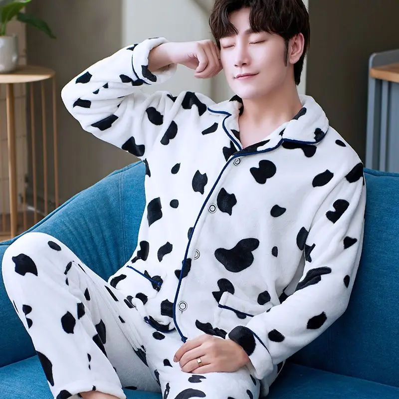 Men's Pajamas New Spring  Autumn Suit Fleece Coral Fleece Loungewear Flannel Men's Thickened Underwear Sets Can Be Worn Outside
