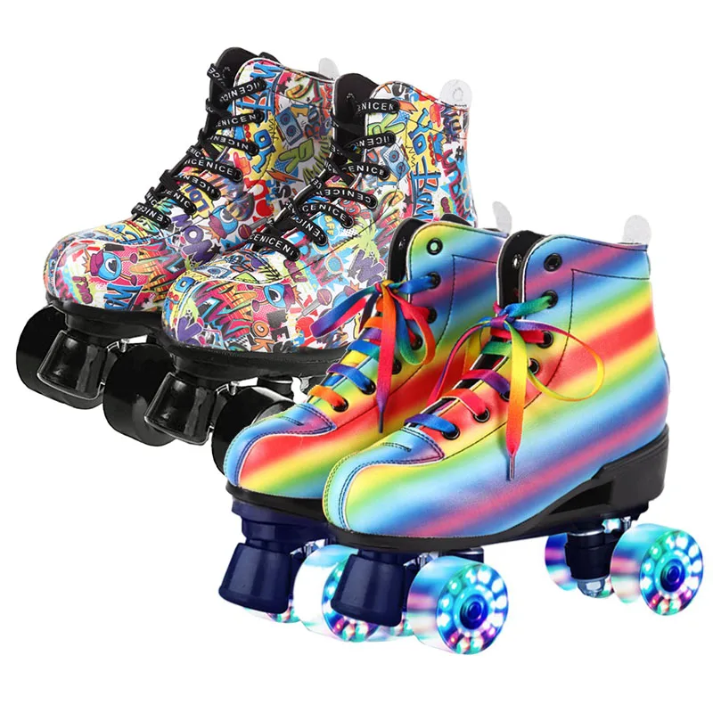 4 Wheels Skating Shoes Women Leather Roller Skates Double Row Line Skates Shoes  Lady  Skating Rollers Cartoon Rainbow Pattern