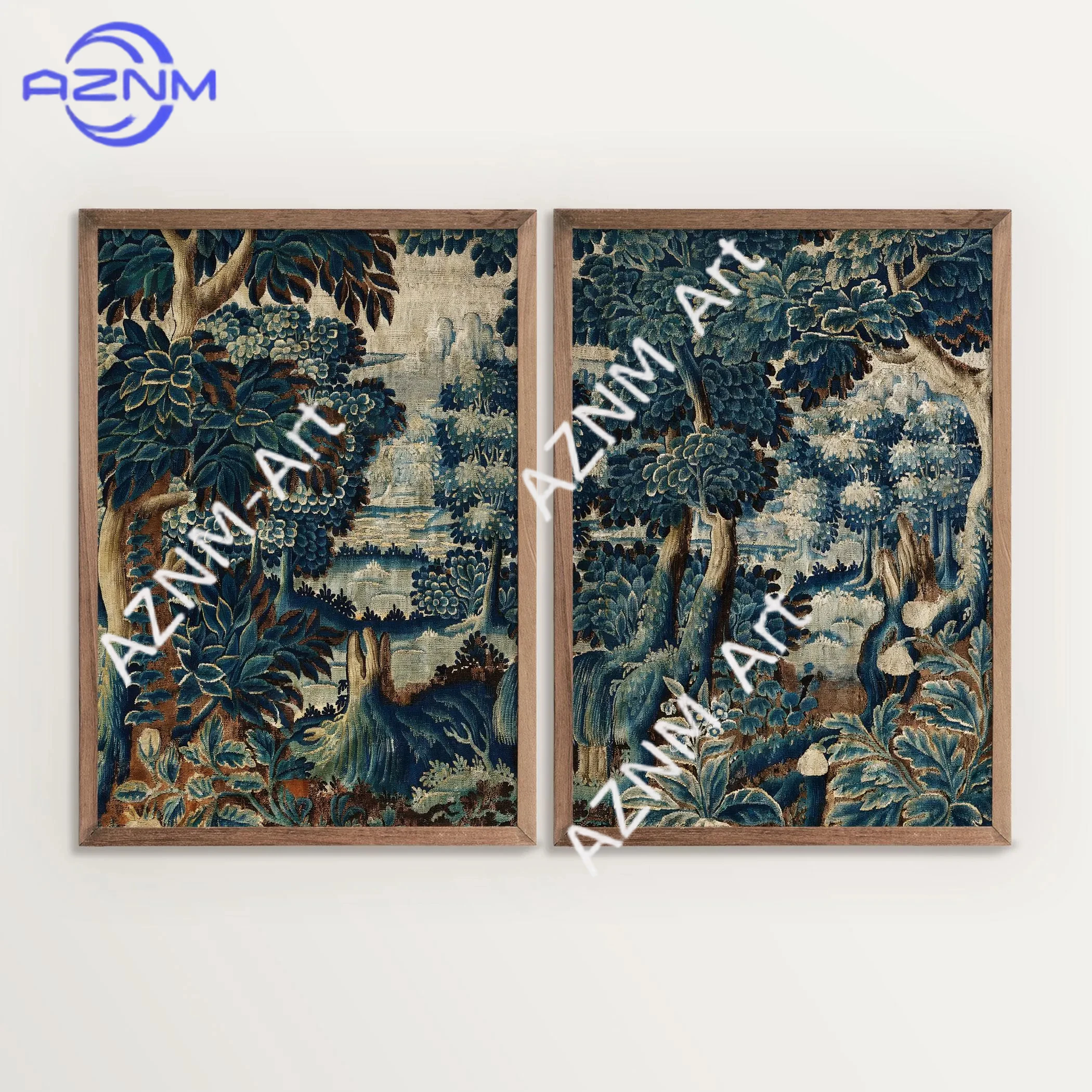 1/2 Stück Verdure Wandteppich Kunstdruck Vintage Textil-Wandkunst |   Stimmungsvolles Wald-Diptychon im Antik-Stil als Dekoration |   Waldlandschaft