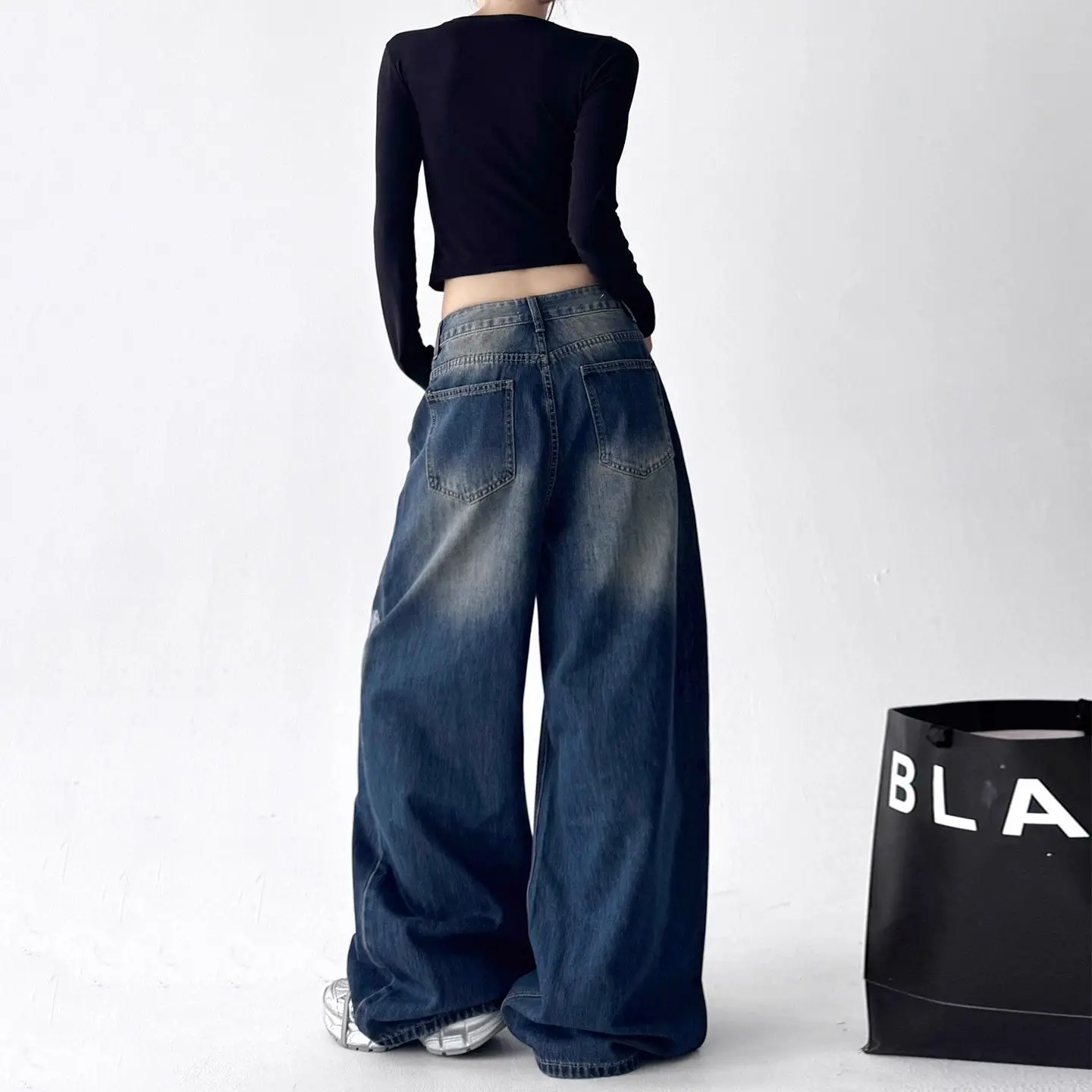 Damskie niebieskie jeansy cargo w stylu casual z motywem gwiazd, luźne, w stylu Y2K, japońskie Harajuku, estetyczne, w stylu High Street, vintage z lat 2000., spodnie jeansowe, odzież.