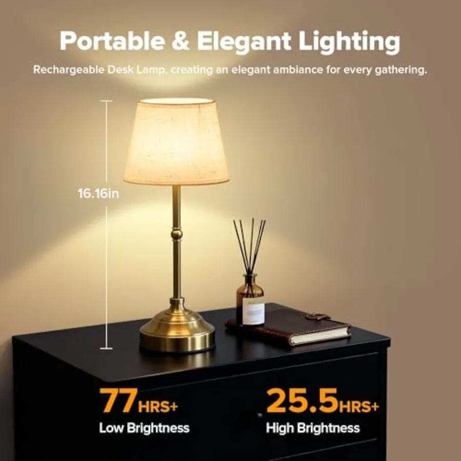 Cordless Table Lamp, Rechargeable Desk Lamp with Fabric Shade, Battery Operated Lamp 3 Color Stepless Dimming, Small Touch Beds