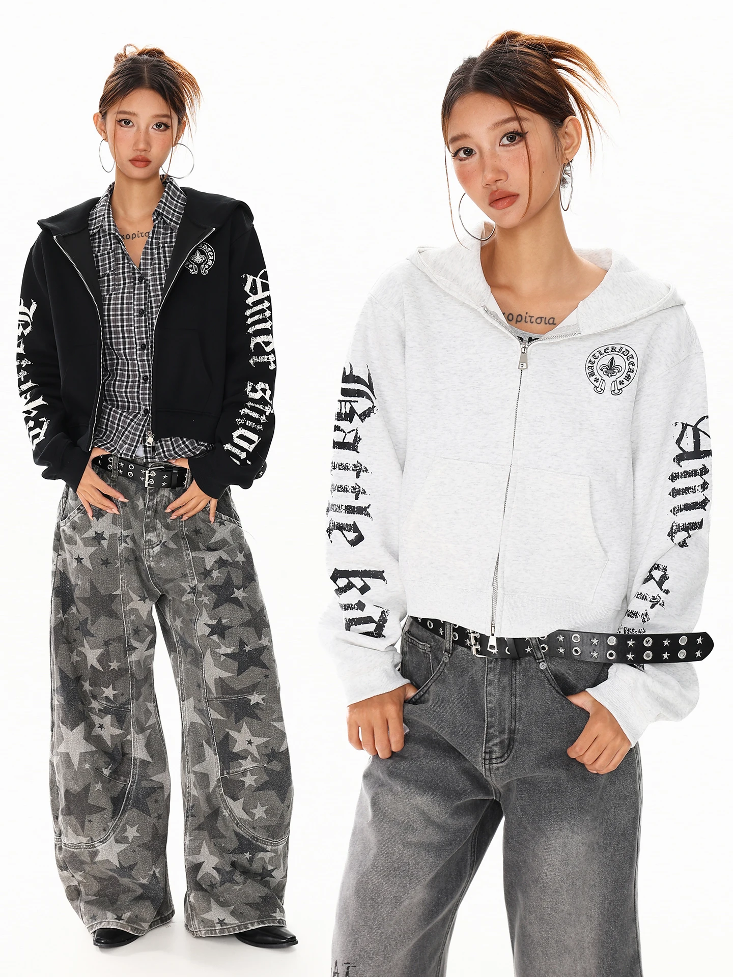 

XPKAEAX Gothic Letter Print Hoodie Women's Short Cardigan Jacket American Dark Style Spring Fashion Streetwear Loose Fit