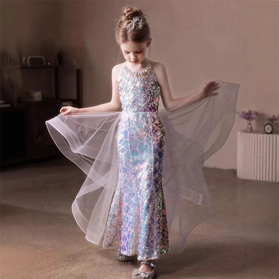 Girls Mermaid Sequin Evening Gown Kids Birthday Party Frocks Children Performance Host Fashion Show Luxury Shiny Fishtail Dress