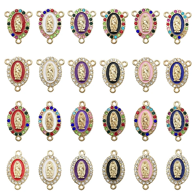 10/12Pcs/Pack Rhinestones Enamel Golden Virgin Mary Charms ConnectorFor Jewelry Making Findings Crafting Accessory