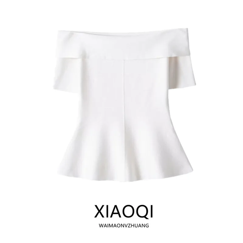 Summer New Women's Knitted Short Sleeve Boat Neck A-Line Hem Top Fashionable Slim Fit European Style Regular Length Crew Neck