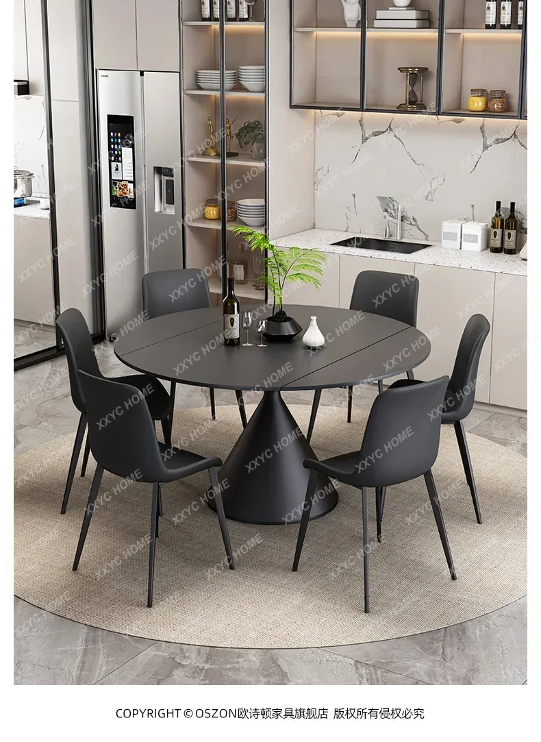 XX Rotatable retractable dining table black rock slab  minimalist light luxury square round dining table and chair combination