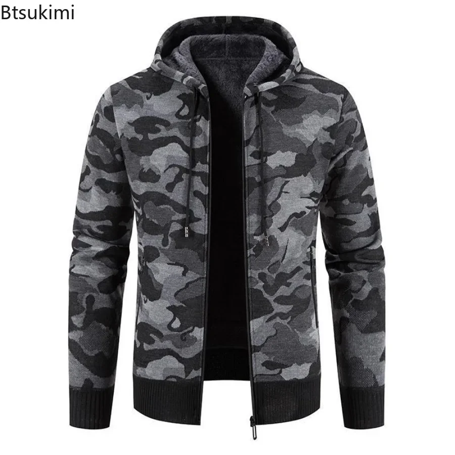 New 2024 Men's Thick Warm Knitted Sweater Cardigan Coat Autumn Winter Korean Style Warm Cardigan Hooded Jacket Sweater for Men