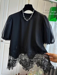 2024 Summer New Irregular Patchwork Lace T-shirts Women's O-Neck Puff Sleeves Loose Versatile Casual Tees Oversized T Shirt Tops